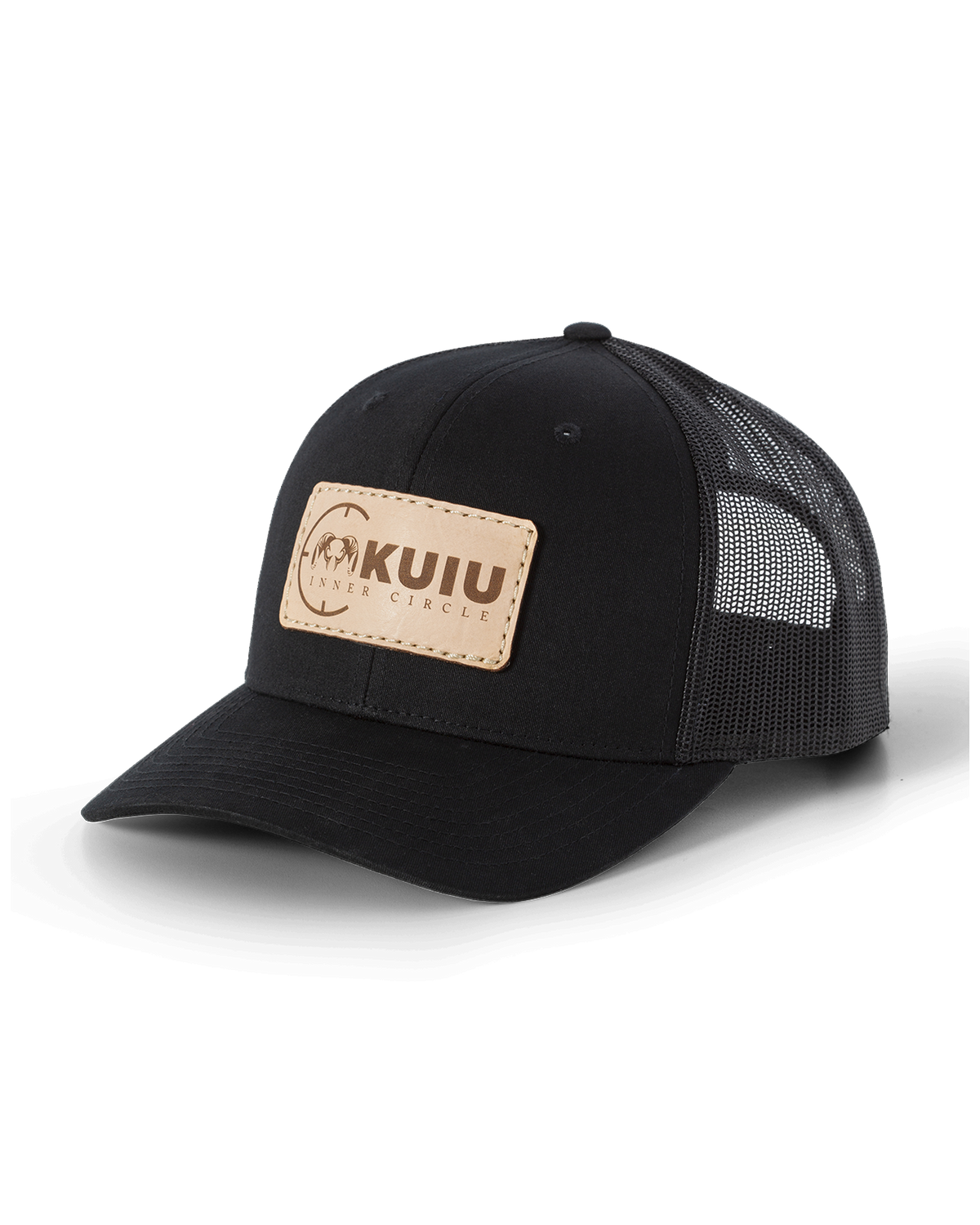 Front of Inner Circle Leather Patch Hat in Black
