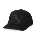 Front of Welded Flag Patch Hat in Black with Black Patch and Black Mesh Back