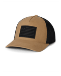 Front of Welded Flag Patch Hat in Mustard Yellow with Black Patch and Black Mesh Back