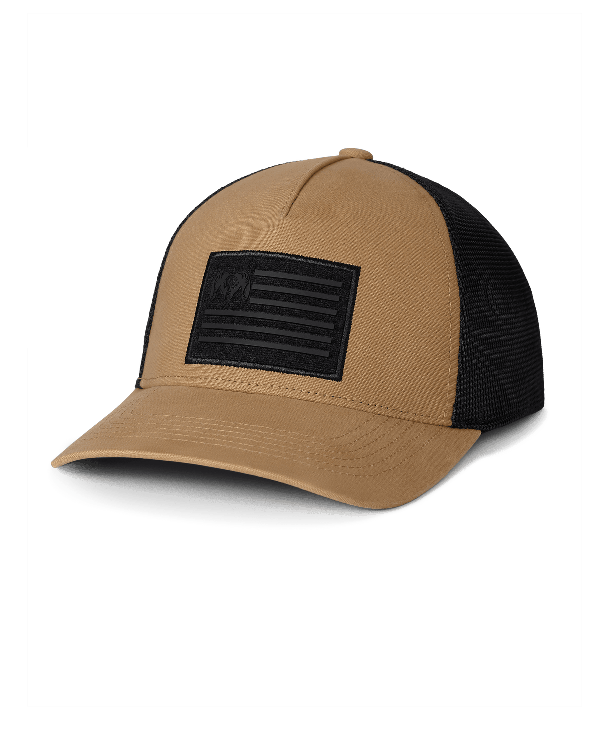 Front of Welded Flag Patch Hat in Mustard Yellow with Black Patch and Black Mesh Back