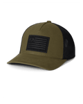 Front of Welded Flag Patch Hat in Olive Green with Black Patch and Black Mesh Back