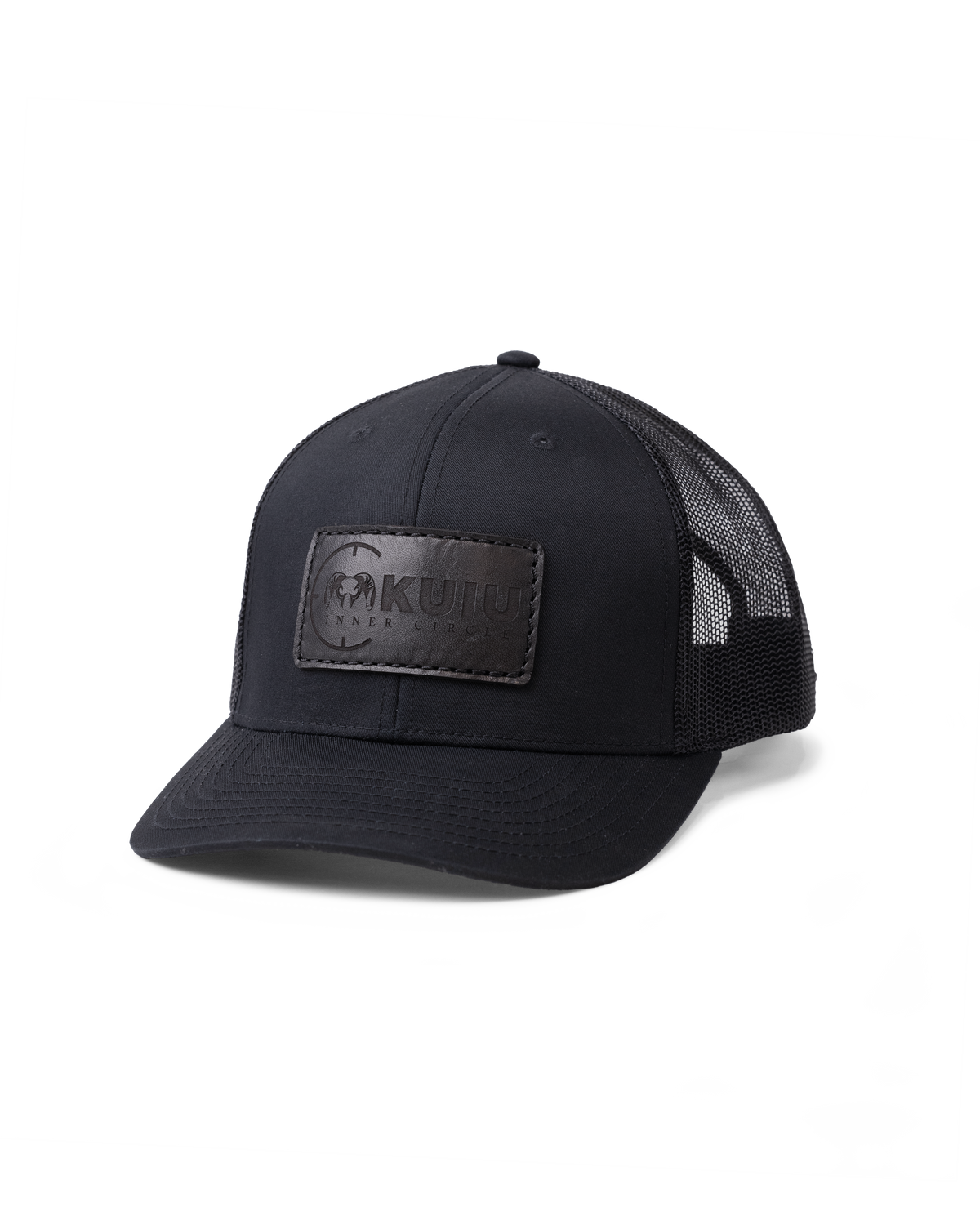 Front of 2025 Inner Circle Leather Patch Hat in Black