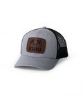 Front of Youth Leather Patch Mesh Back Hat in Heather Grey/Black