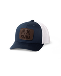 Front of Youth Leather Patch Mesh Back Hat in Navy/White