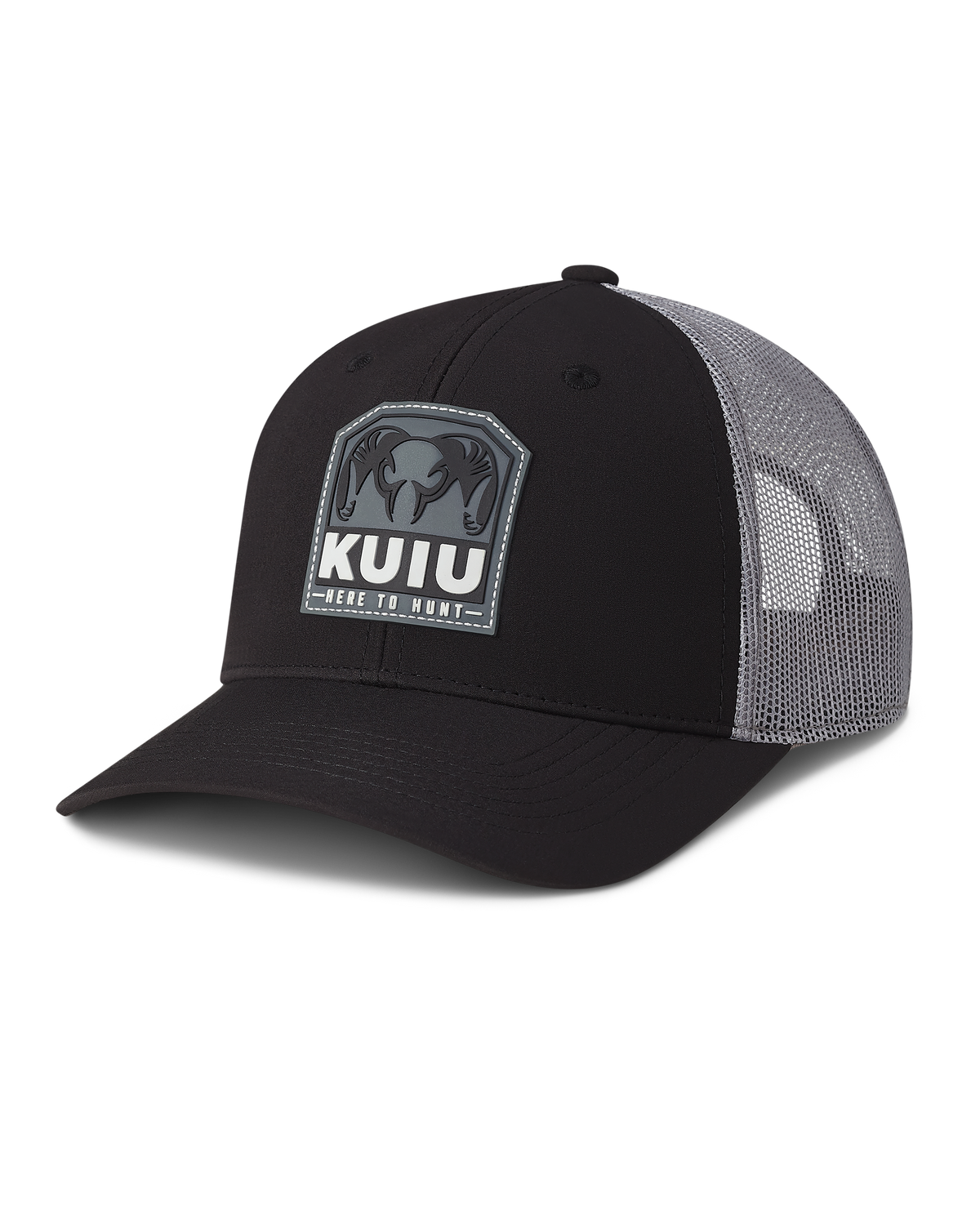 Front of KUIU Here to Hunt Patch Hat in Black/Grey Color