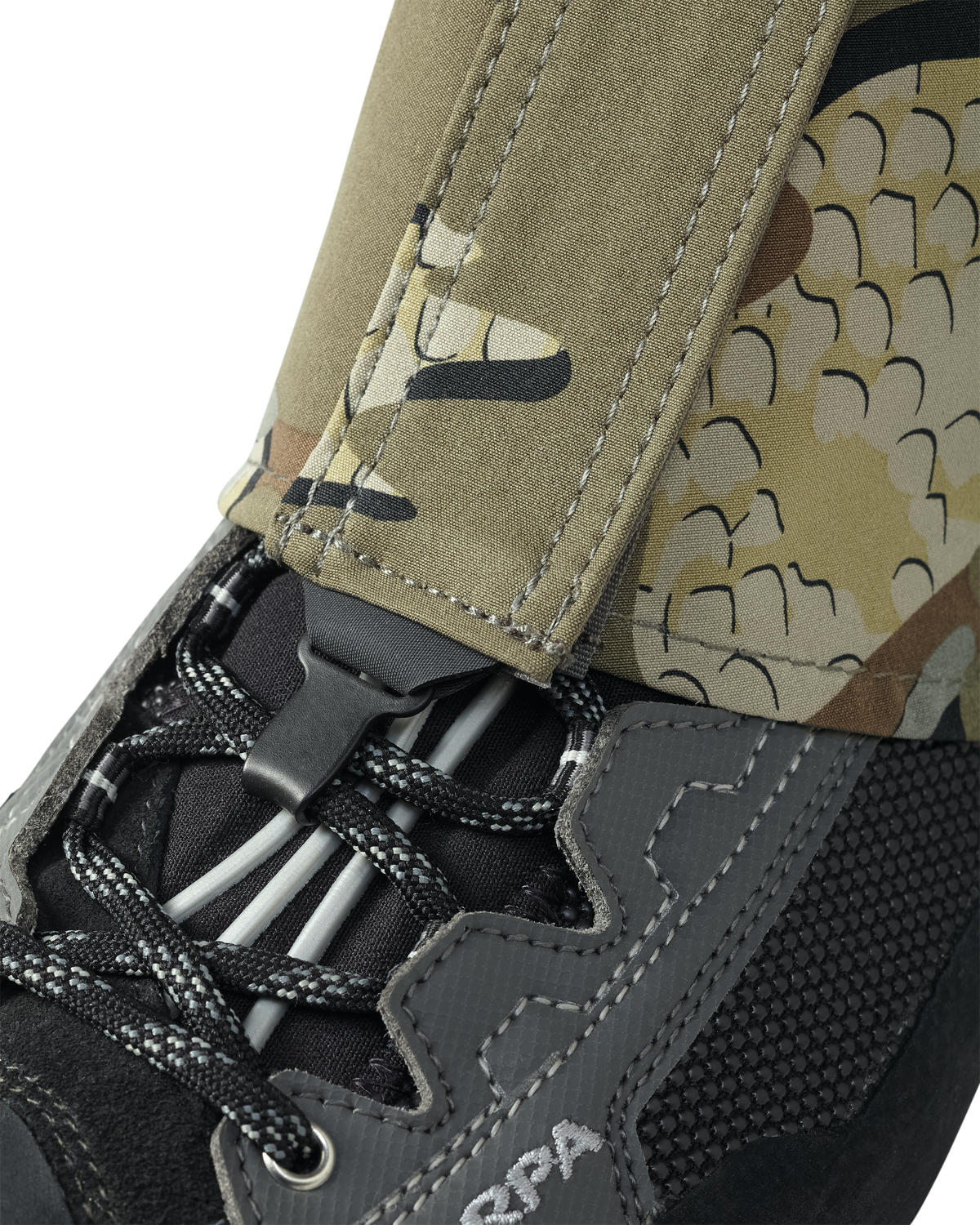 Boot detail using easy-attach lace hook on Yukon HD Hunting Boot Gaiter in Valo Camouflage