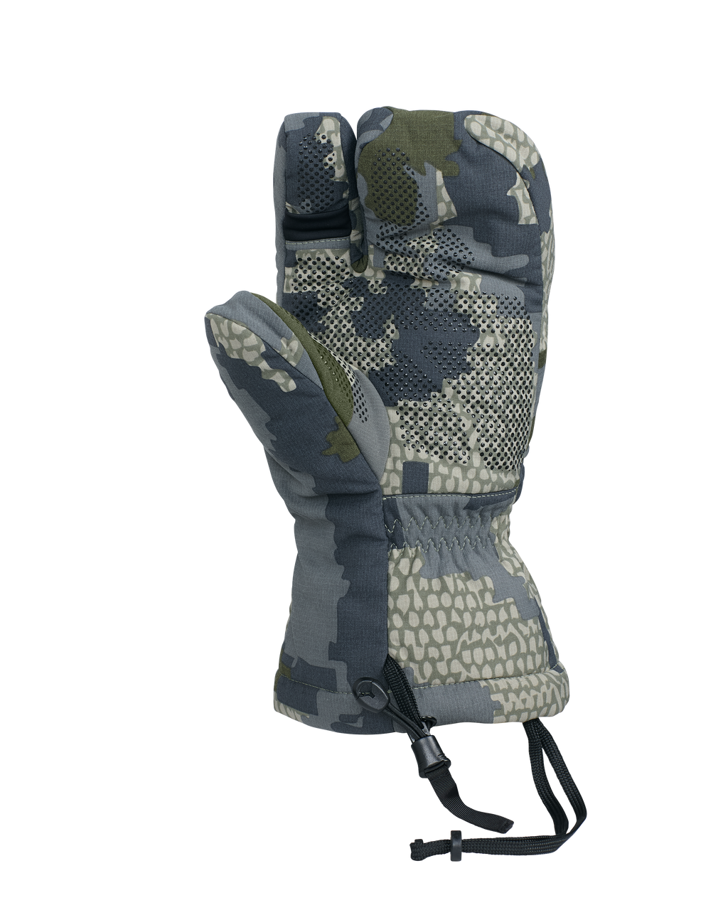 Back of Super Down Pro Glassing Glomitt in Verde Camouflage Highlighting No-Slip Silicon Grip Dots