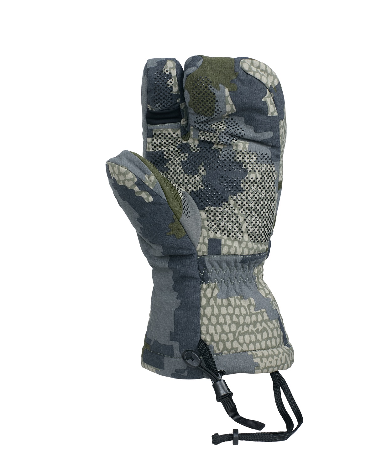 Back of Super Down Pro Glassing Glomitt in Verde Camouflage Highlighting No-Slip Silicon Grip Dots