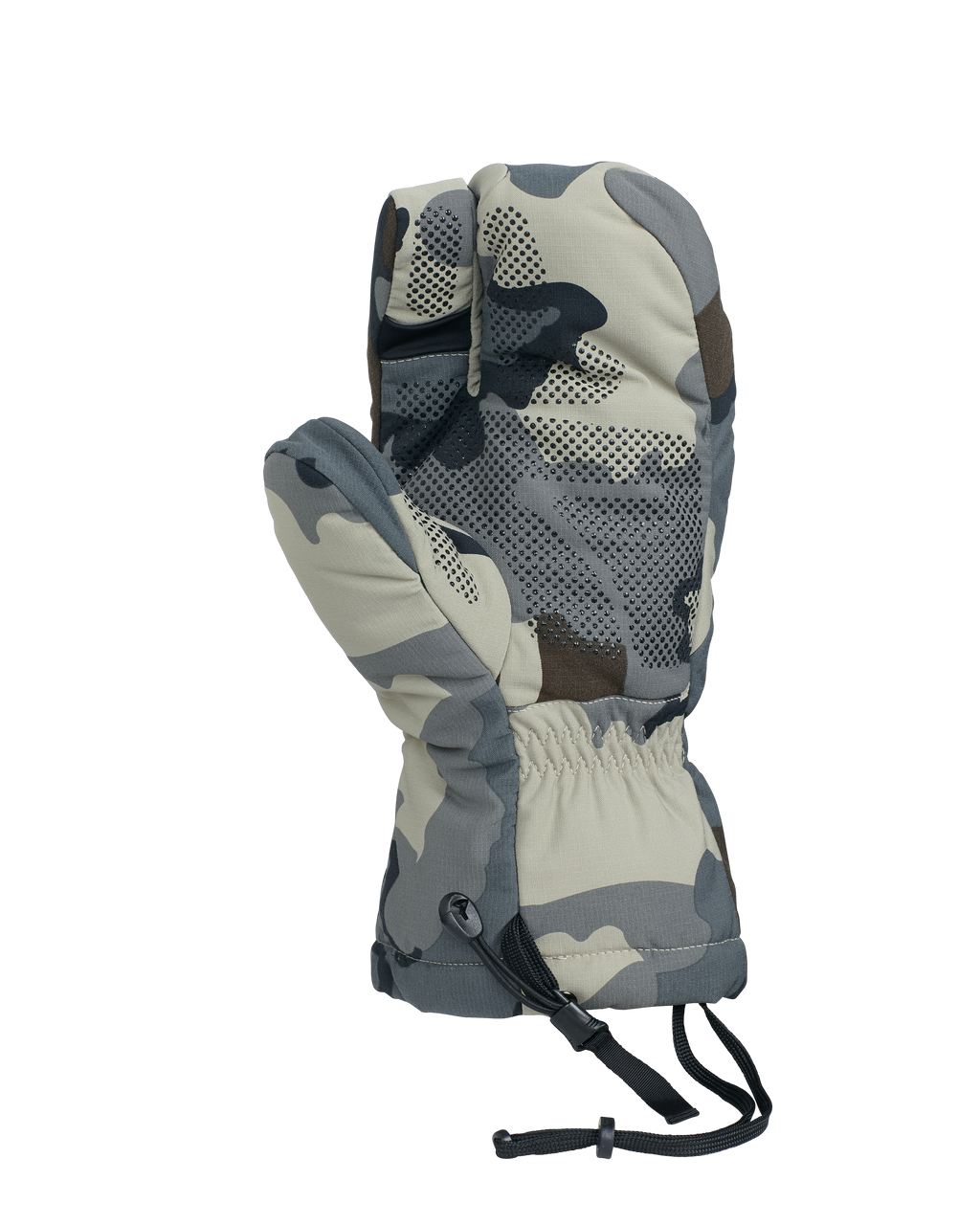 Back of Super Down Pro Glassing Glomitt in Vias Camouflage Highlighting No-Slip Silicon Grip Dots