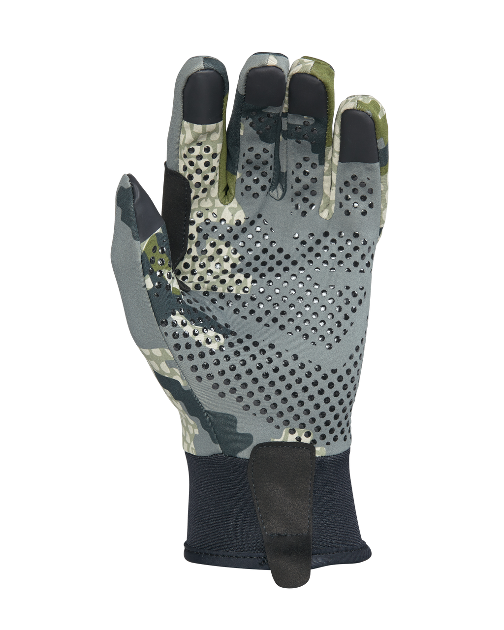 Back of Axis Glove in Verde Camouflage Highlighting Conductive Finger and Thumb Tips