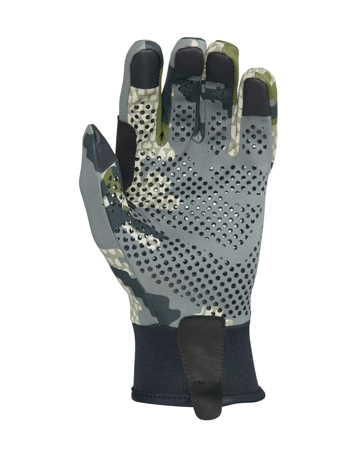 Back of Axis Glove in Verde Camouflage Highlighting Conductive Finger and Thumb Tips