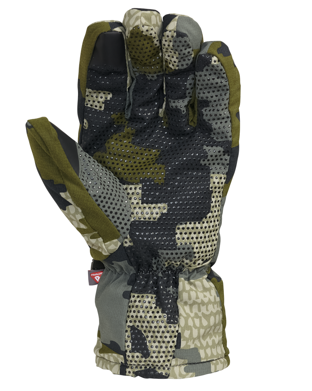 Palm of Kenai Packable Glove in Verde Camouflage Highlighting Conductive Index Finger and Thumb for Smartphone Use