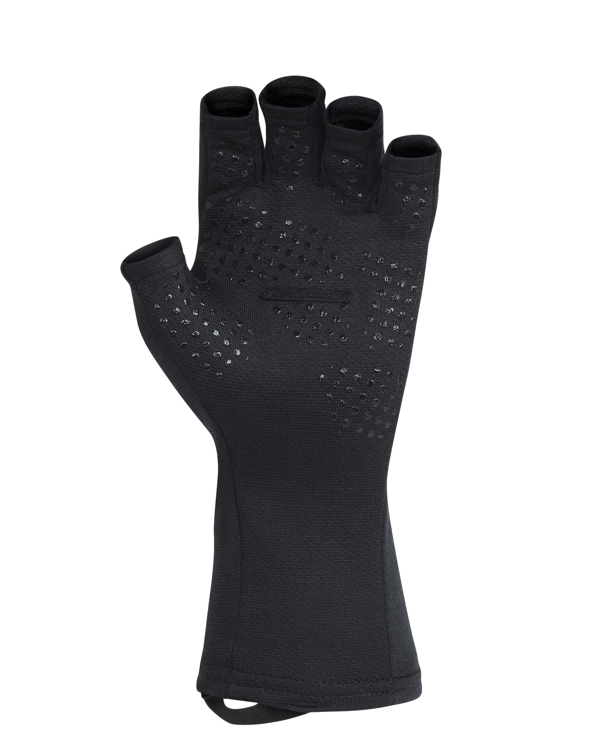 Palm View of Ultra Merino 210 Fingerless Glove in Black, Highlighting the silicone non-slip dots