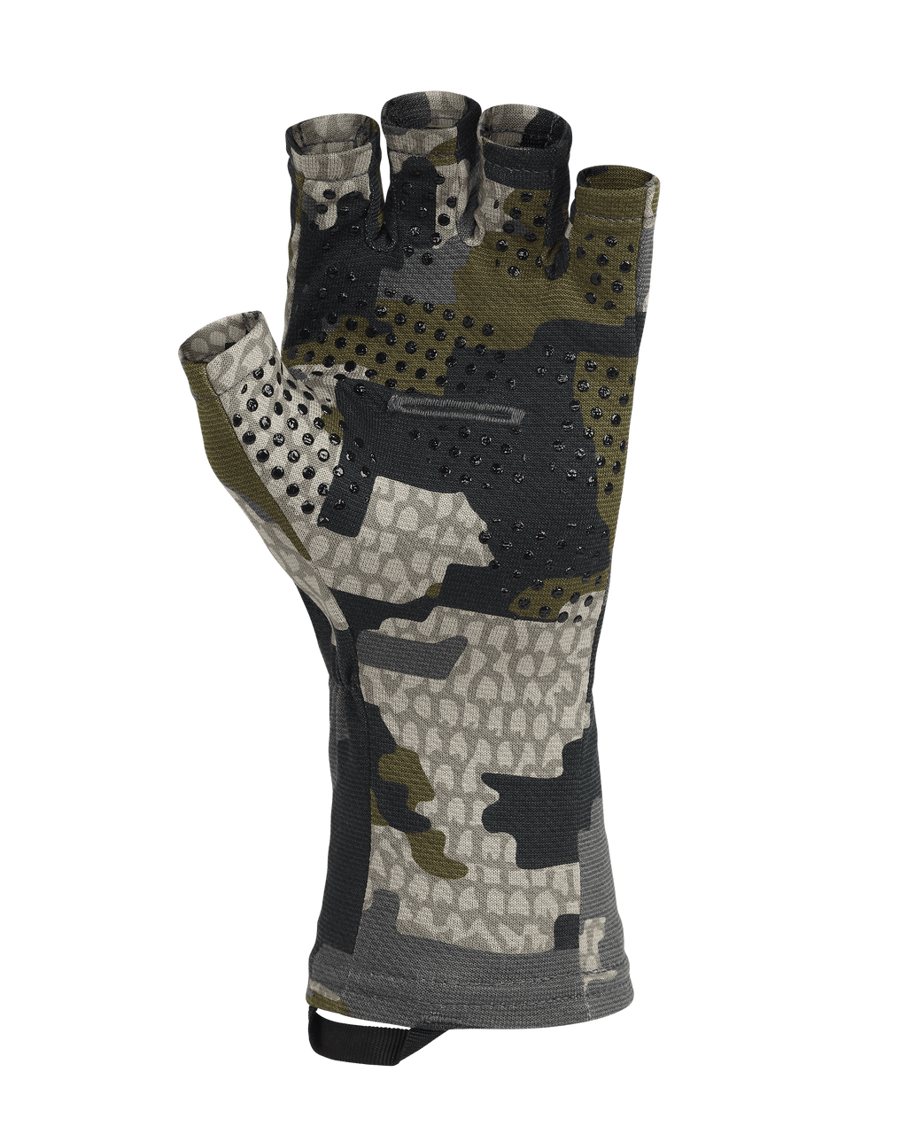 Palm View of Ultra Merino 210 Fingerless Glove in Verde Camouflage, Highlighting the silicone non-slip dots