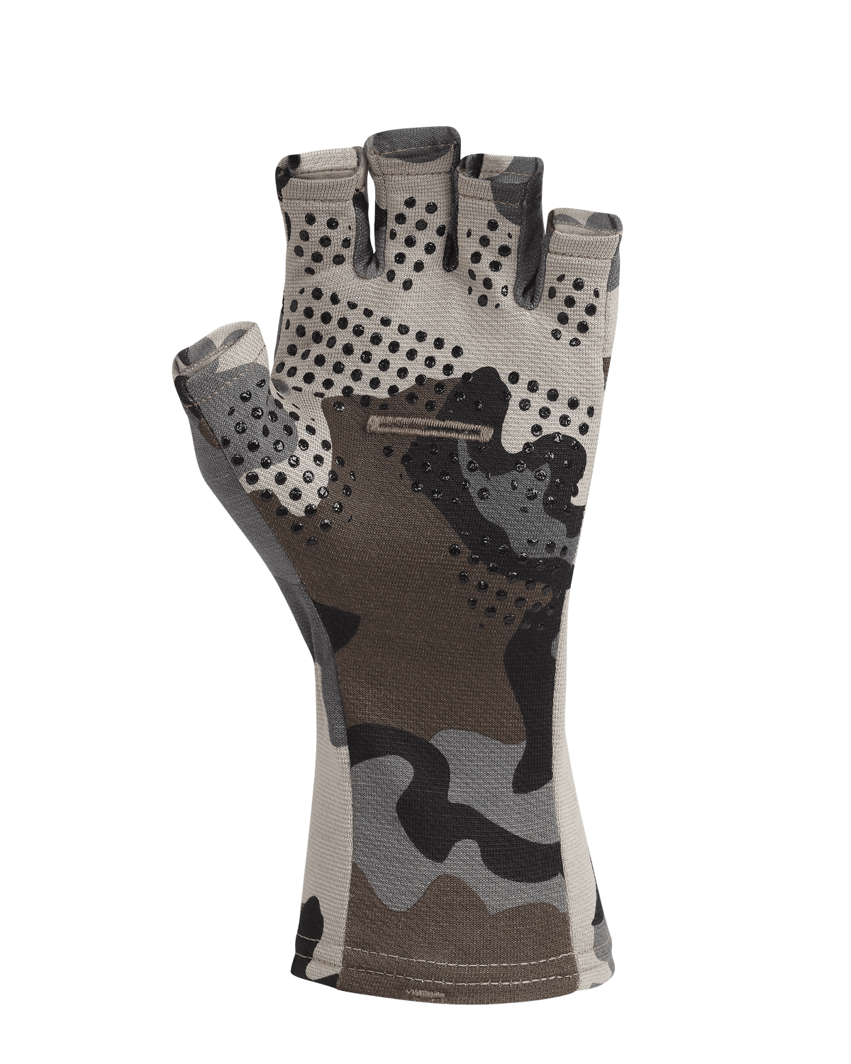 Palm View of Ultra Merino 210 Fingerless Glove in Vias Camouflage, Highlighting the silicone non-slip dots