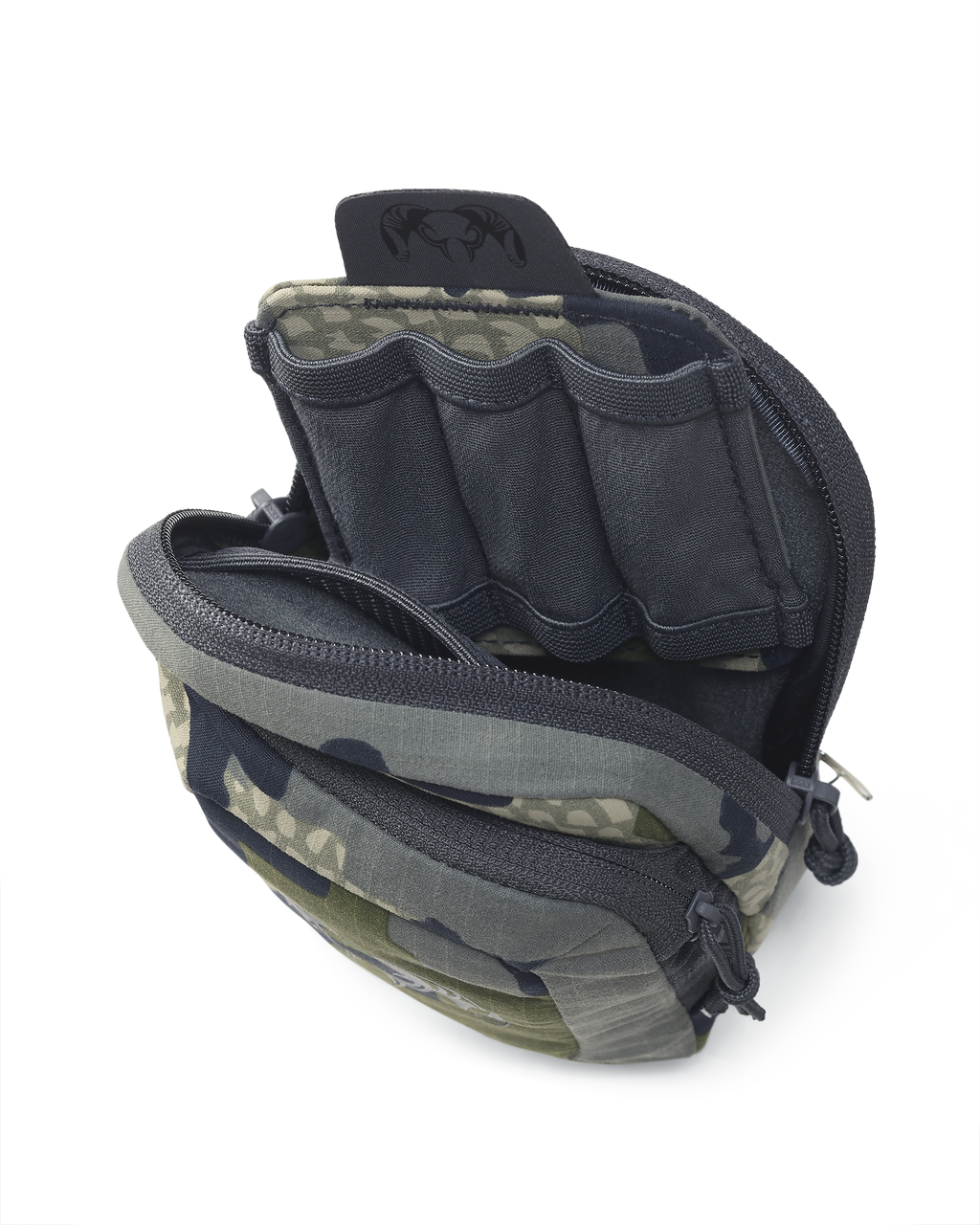 Interior of the main pouch of the Slate Call Holder in Verde Camouflage, Featuring the removable Shell Holder