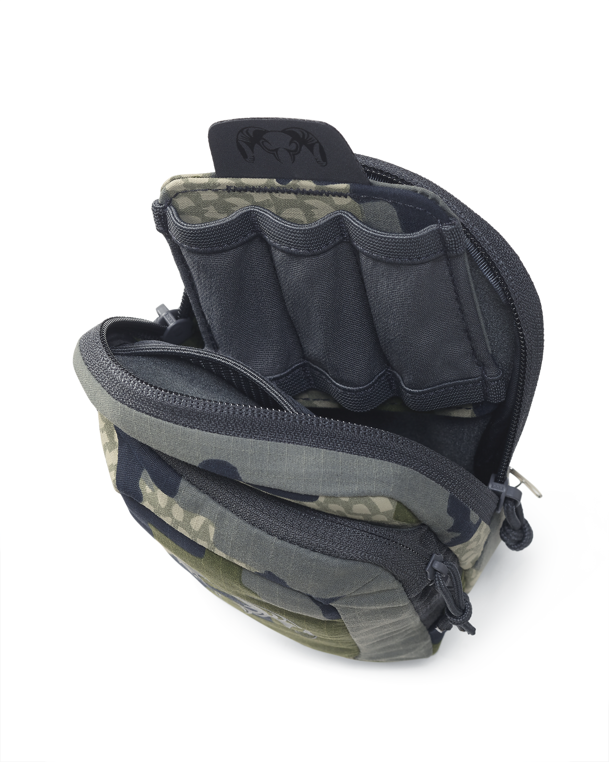 Interior of the main pouch of the Slate Call Holder in Verde Camouflage, Featuring the removable Shell Holder