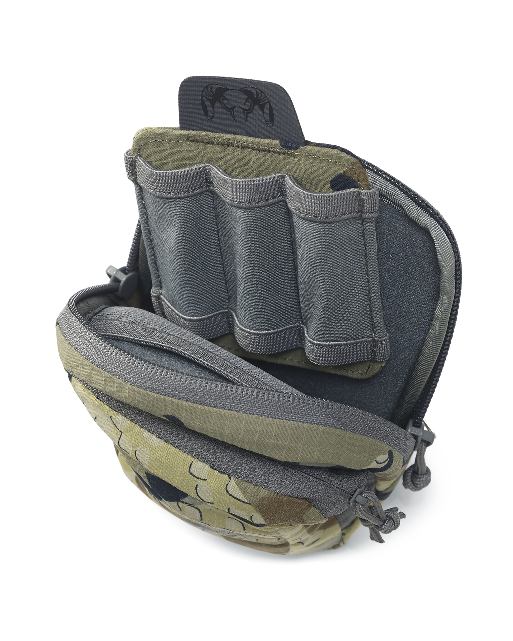 Interior of the main pouch of the Slate Call Holder in Valo Camouflage, Featuring the removable Shell Holder