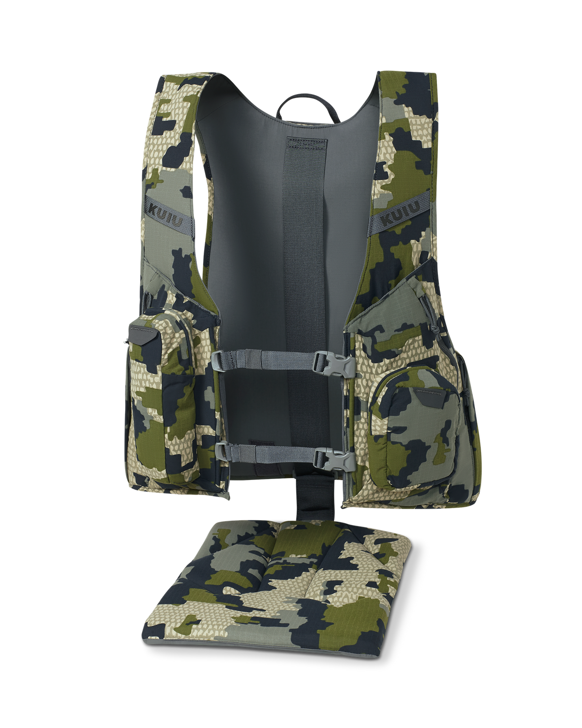 Back of Rival Turkey Vest in Verde Camouflage with BackTrack™ deployable seat and the LeanLock™ back support system