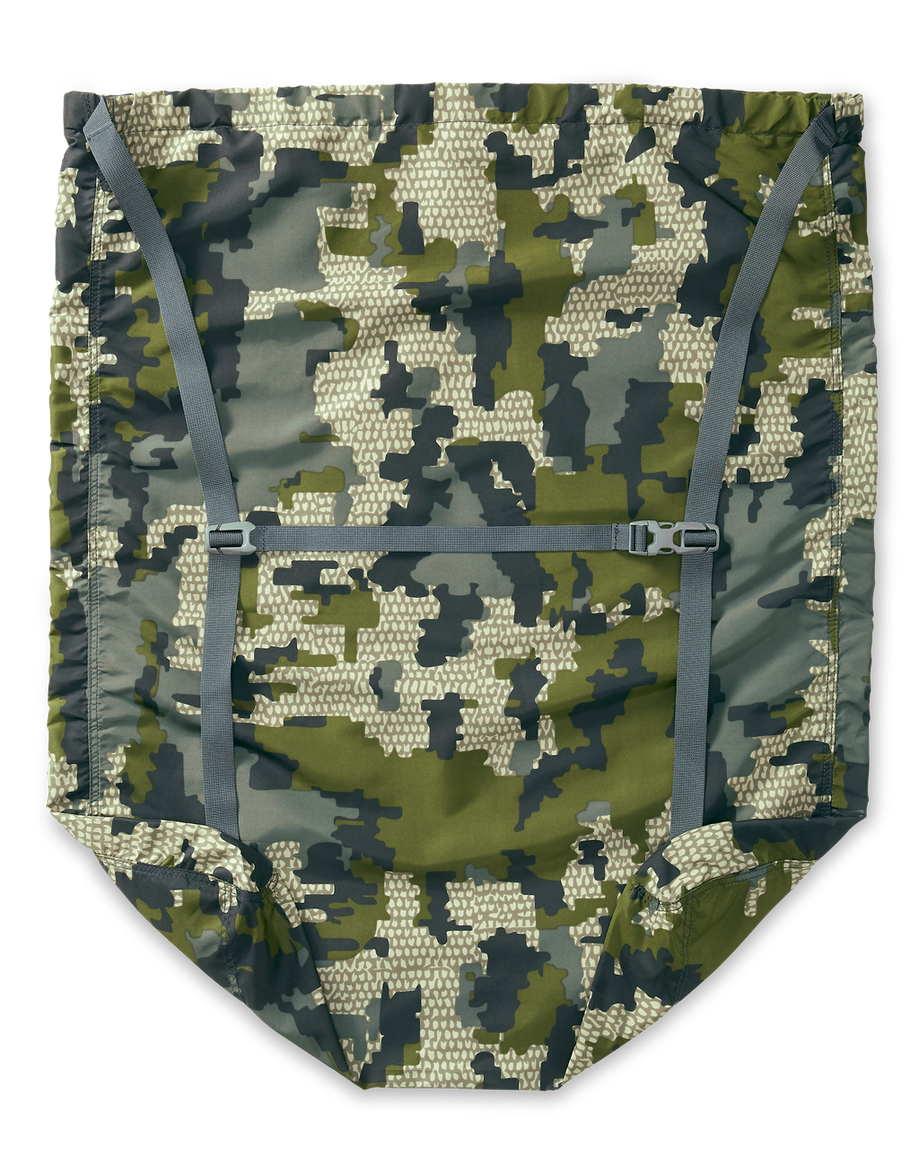 Back view of the turkey carry bag in verde camouflage, Highlighting shoulder and chest straps