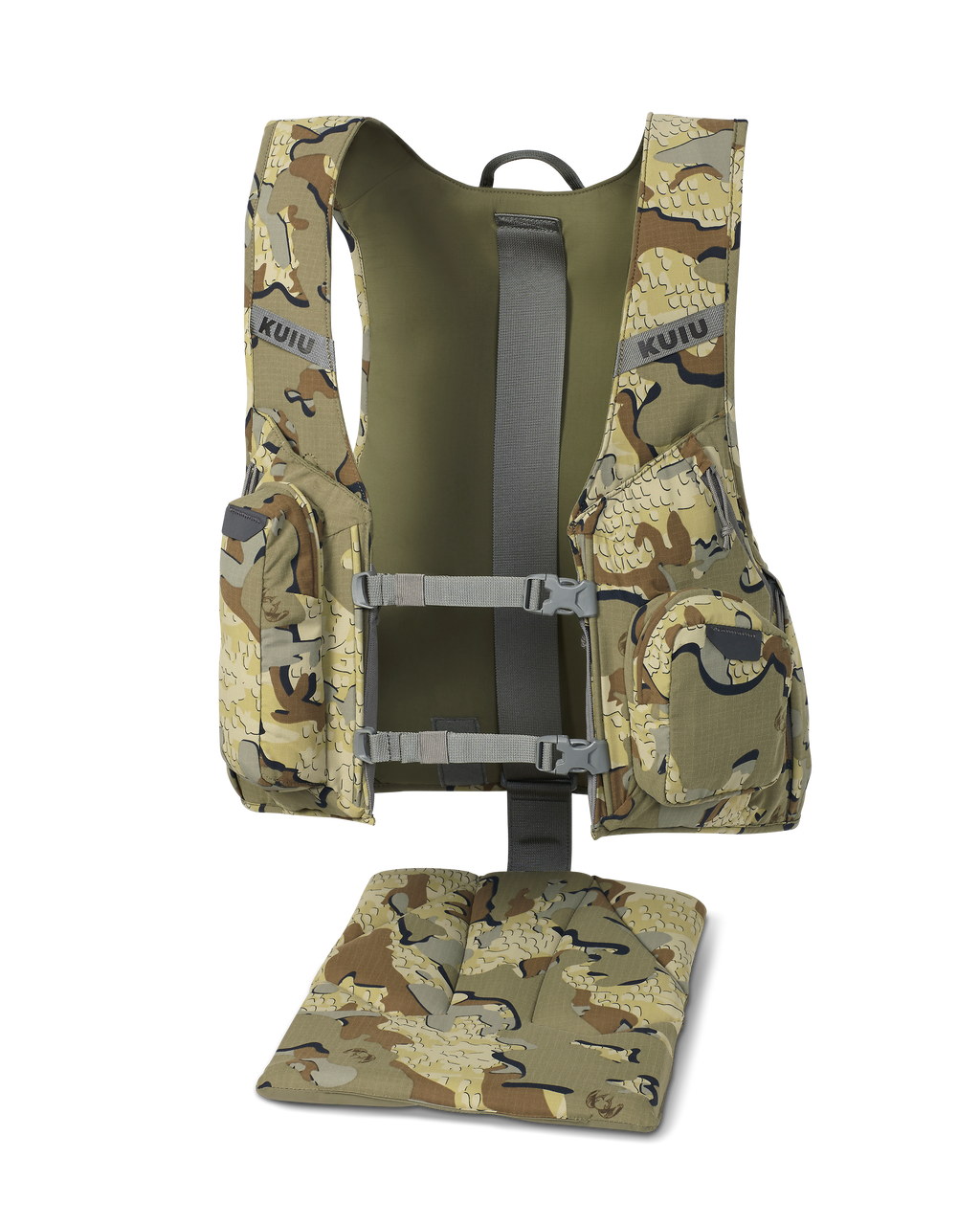 Back of Rival Turkey Vest in Valo Camouflage with BackTrack™ deployable seat and the LeanLock™ back support system