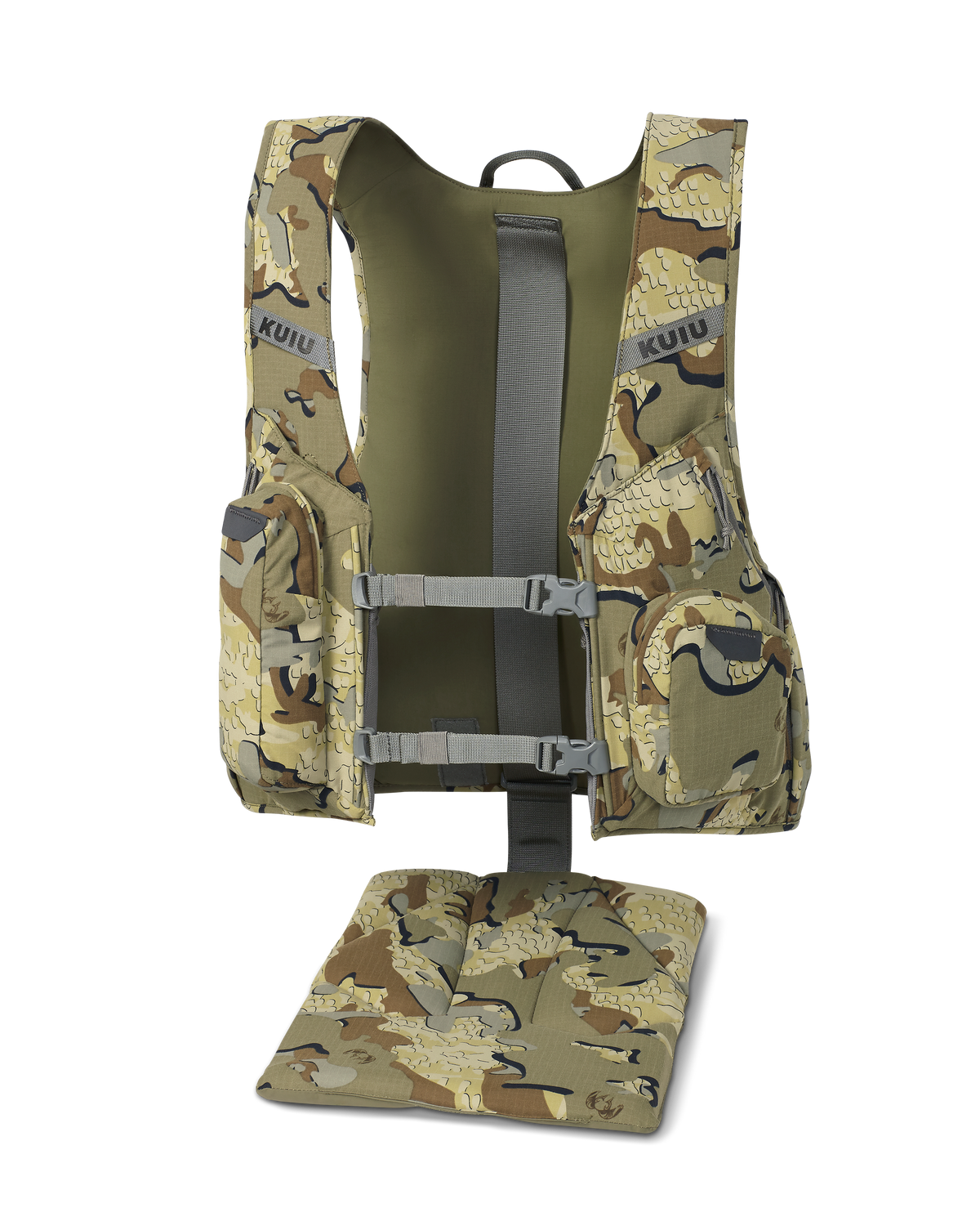 Back of Rival Turkey Vest in Valo Camouflage with BackTrack™ deployable seat and the LeanLock™ back support system