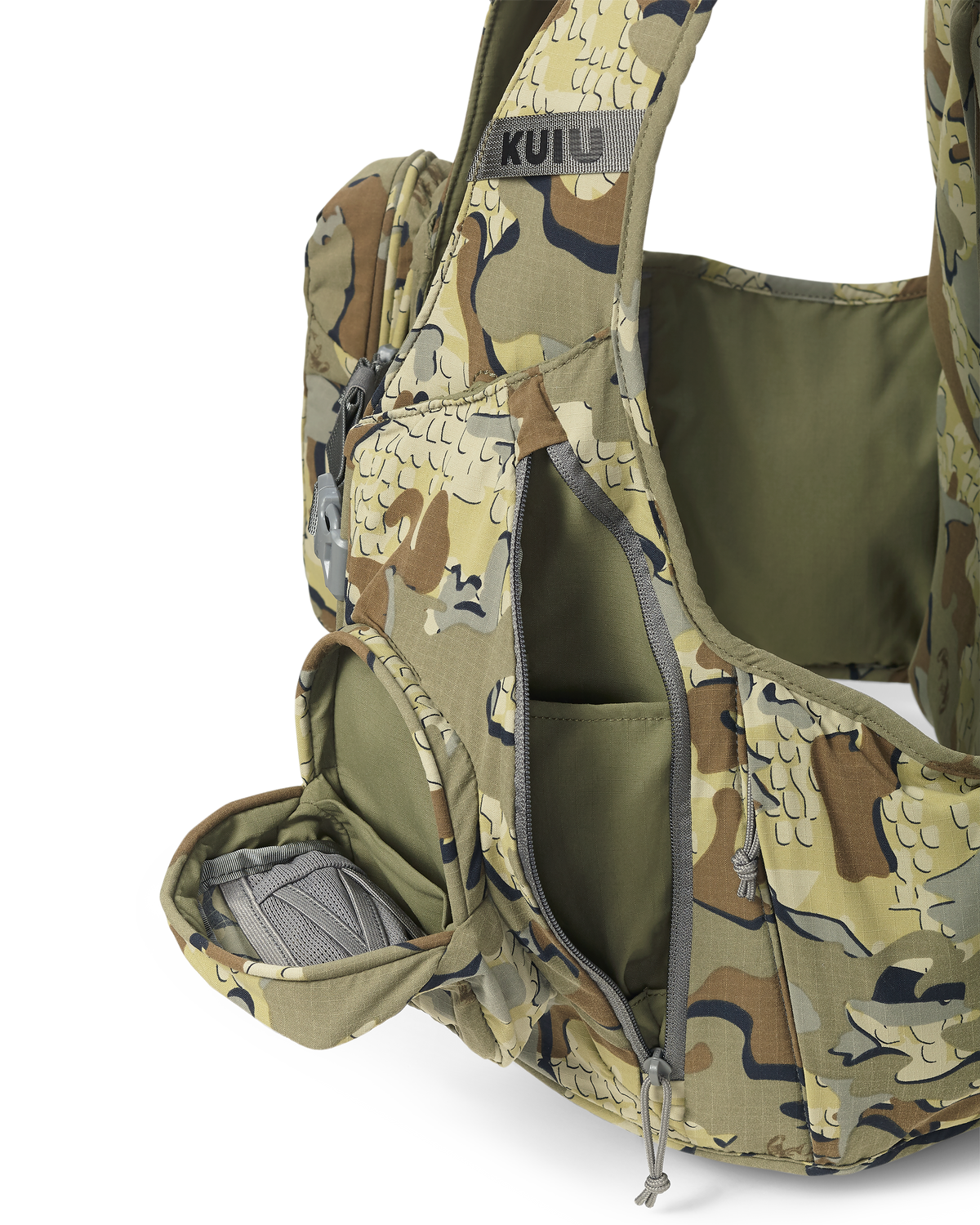 Close-up of the Rival Turkey Vest in Valo Camouflage, Highlighting the side zippered pocket, front magnetic closure, and the slate and mouth call holder