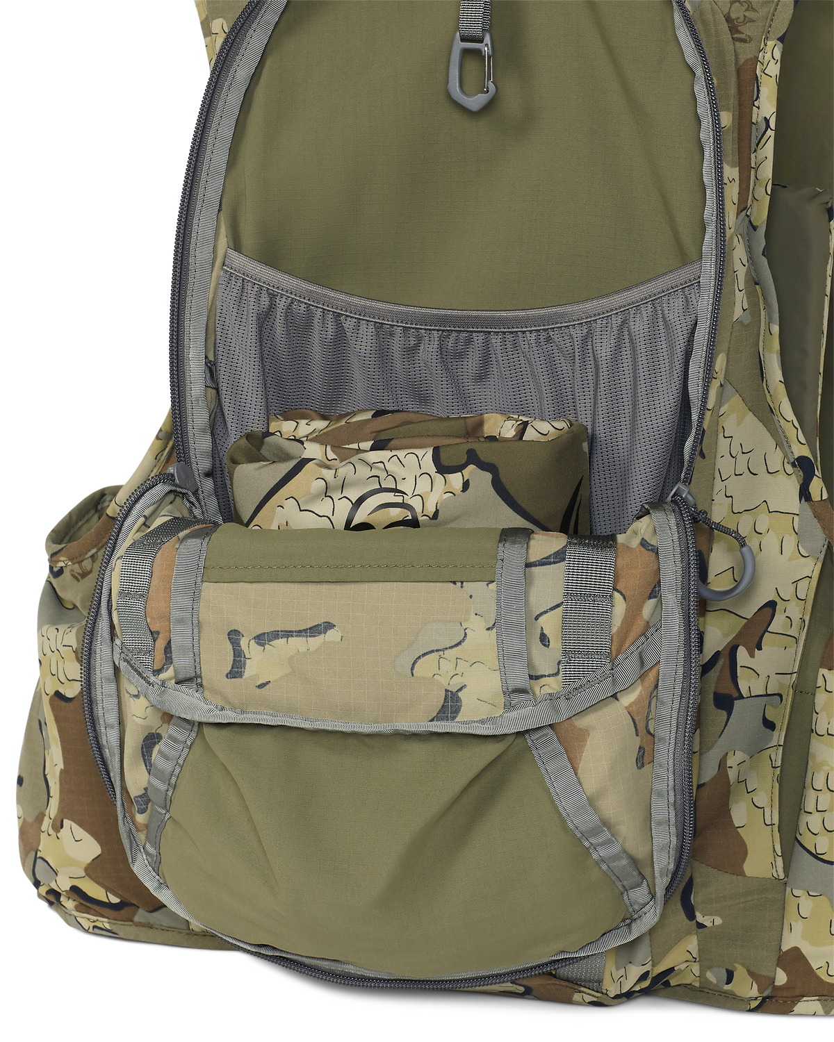 Back of Rival Turkey Vest in Valo Camouflage, Highlighting unzipped main pocket with visibility of internal storage pocket and stowed turkey carry bag