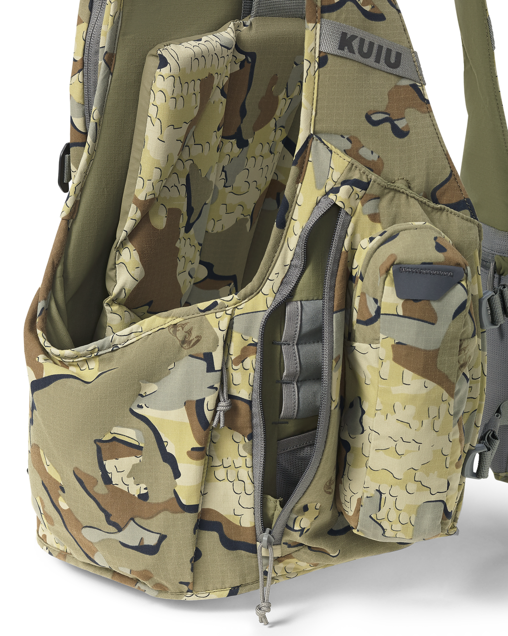 Close-up of the Rival Turkey Vest in Valo Camouflage, Highlighting the right side zippered pocket with internal shell holder and mesh storage pocket