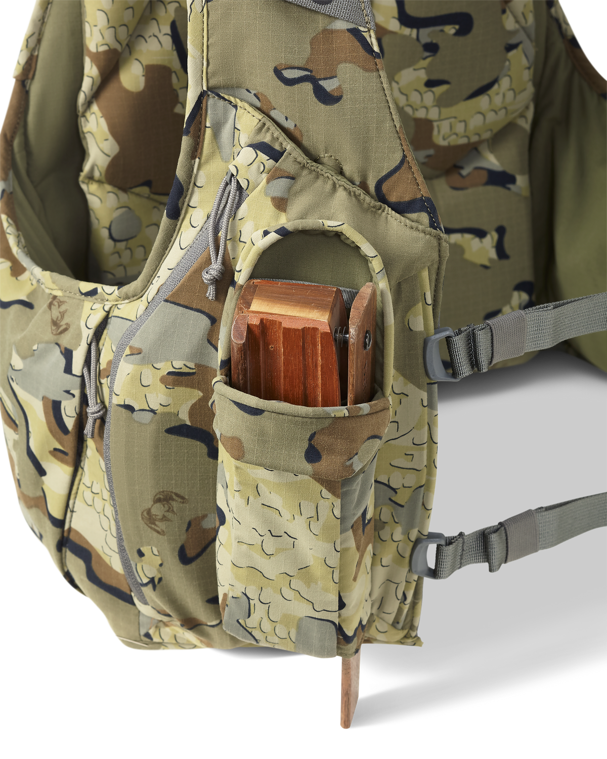 Front view of box call holder with magnetic closure pocket, displaying box call securely stored inside