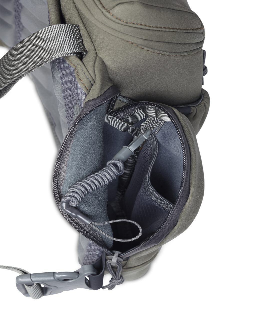 Inside view of exterior side pocket accessory pouch of the PRO Chest Pack in Ash Brown with an attached lanyard