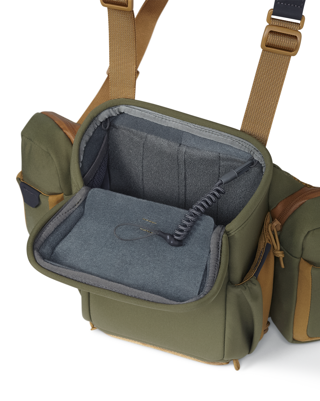 PRO Chest Pack in Evergreen with forward folding magnetic lid and an attached lanyard hooked inside top corner of the pack