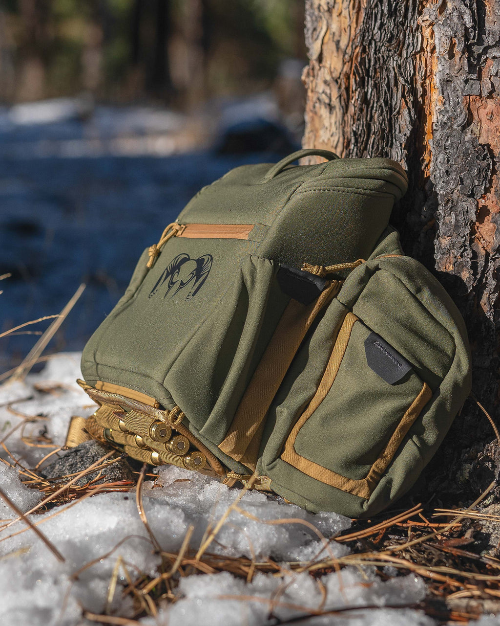 PRO Chest Pack in Evergreen leaned up against a tree and melting snow