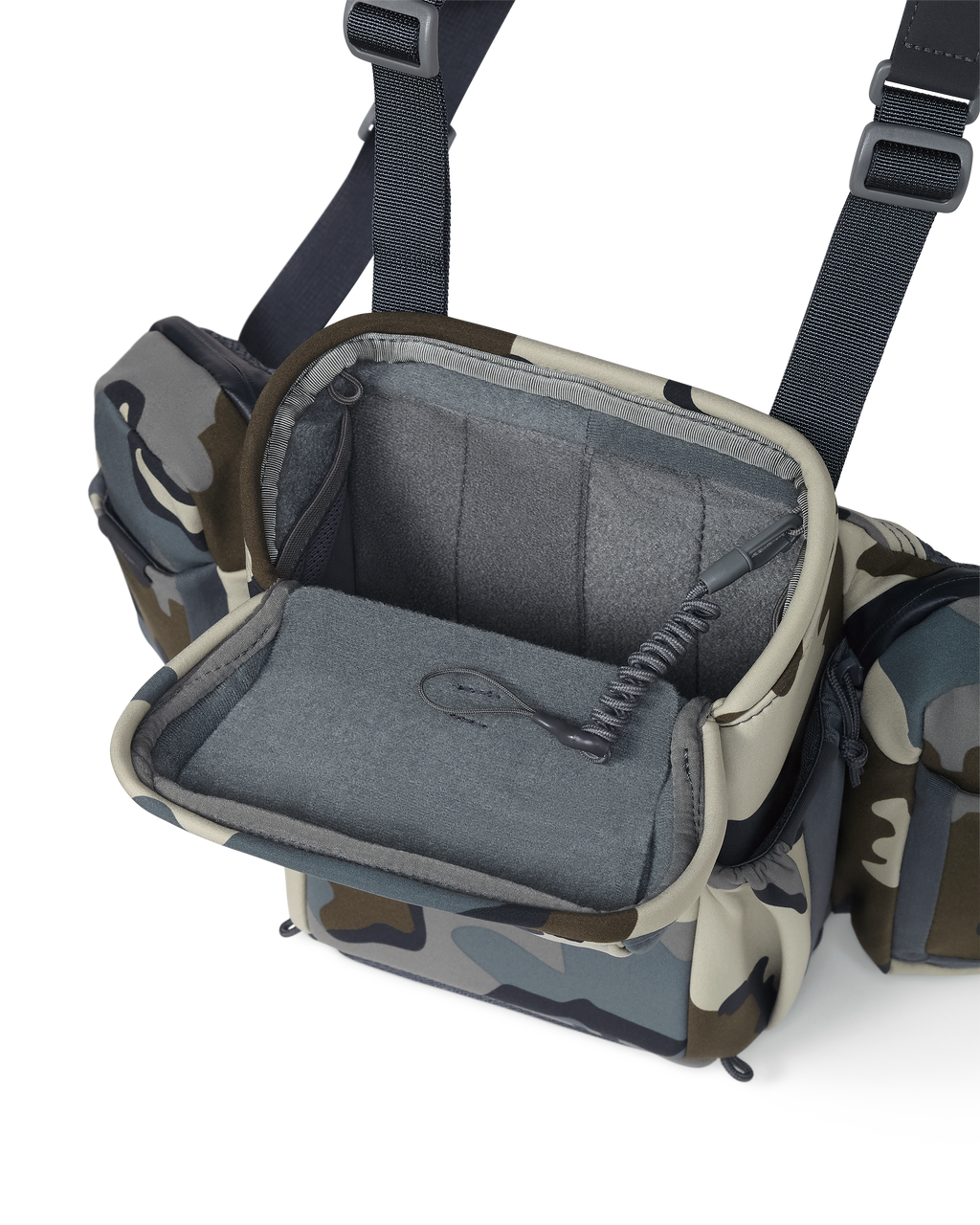 PRO Chest Pack in Vias Camouflage with forward folding magnetic lid and an attached lanyard hooked inside top corner of the pack