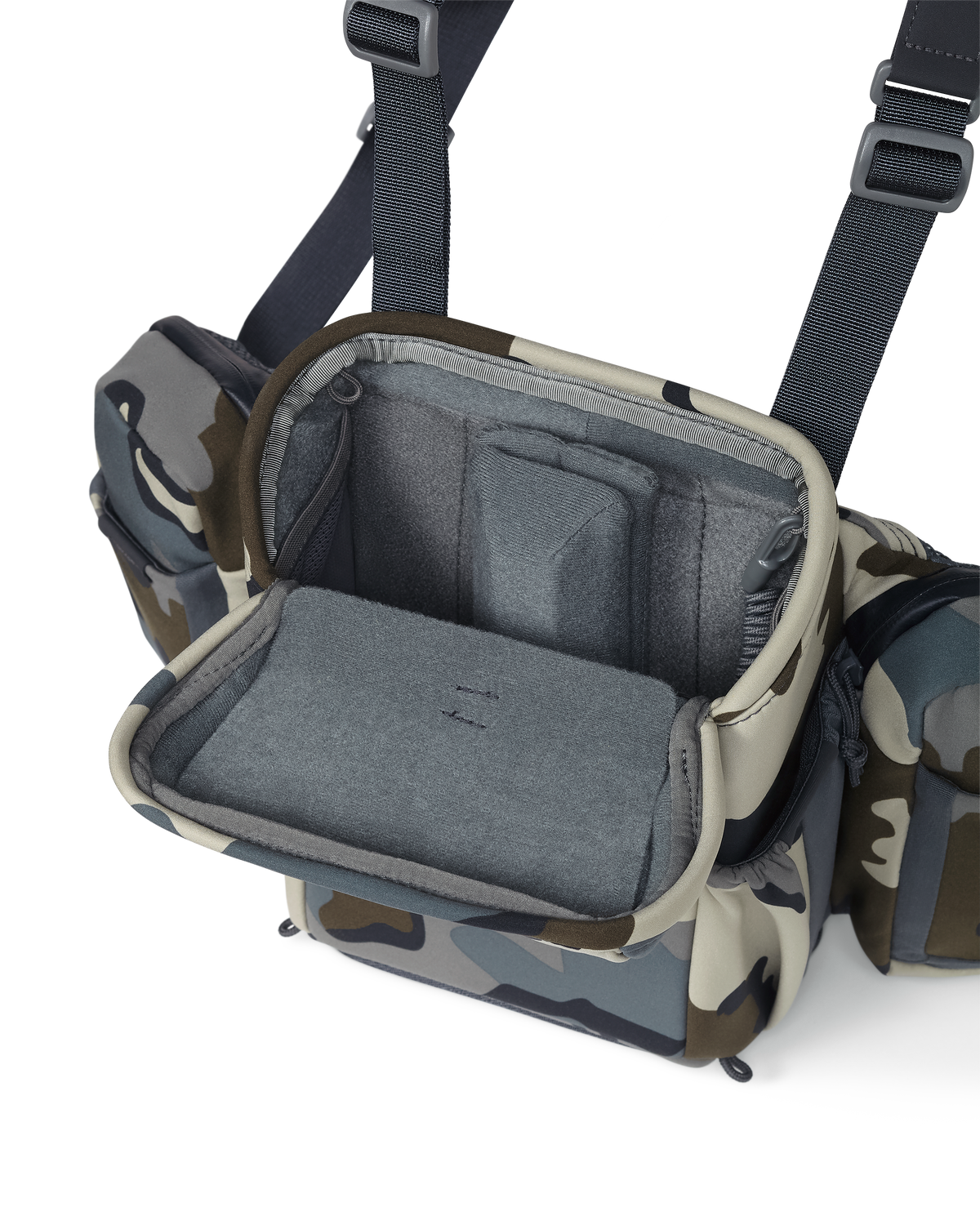 PRO Chest Pack in Vias Camouflage with opened forward folding magnetic lid