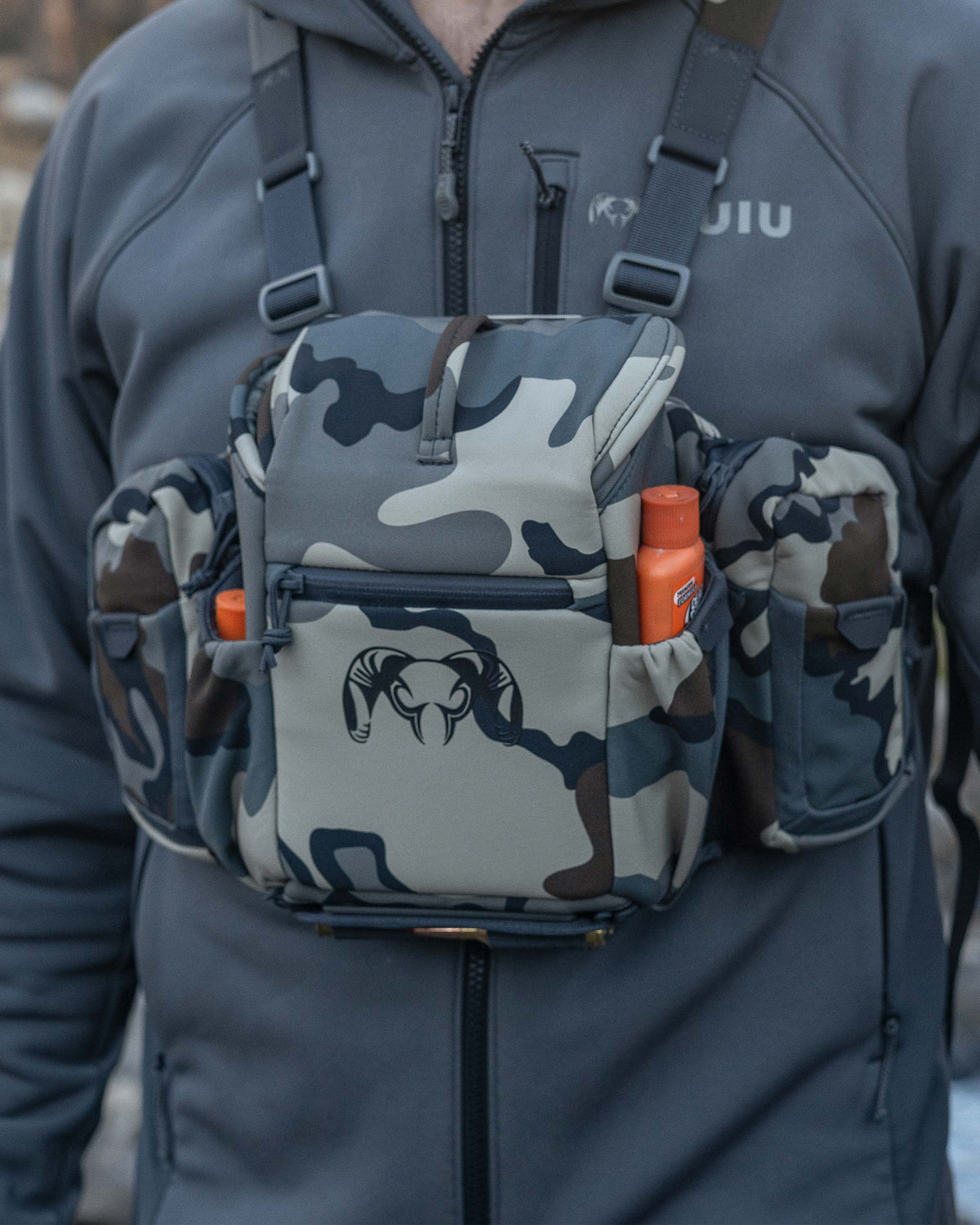 Front view of Hunter wearing PRO Chest Pack in Vias Camouflage