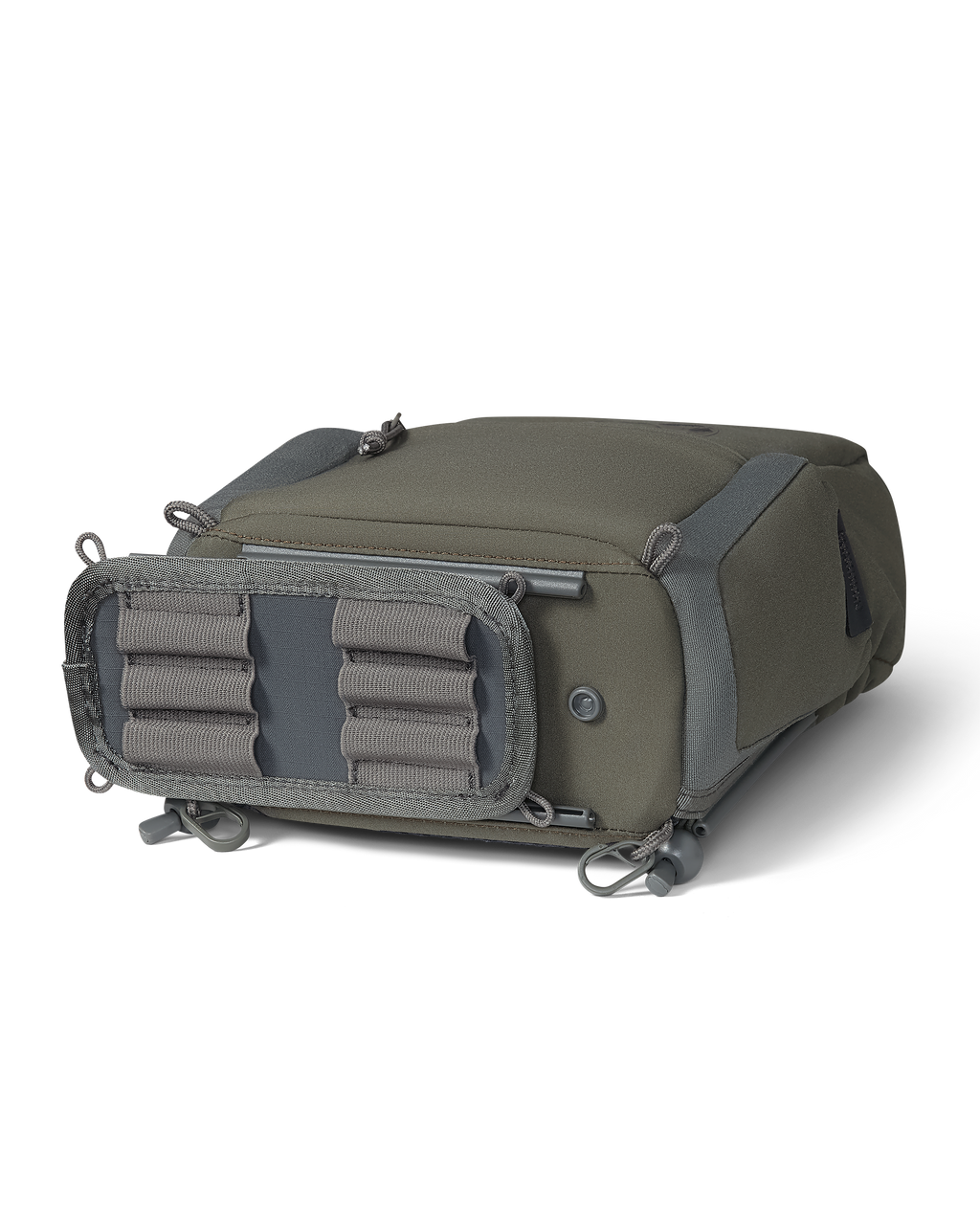 Bottom of PRO G3 Bino Harness in Ash Brown color, showcasing bottom track system for ammo holder accessory