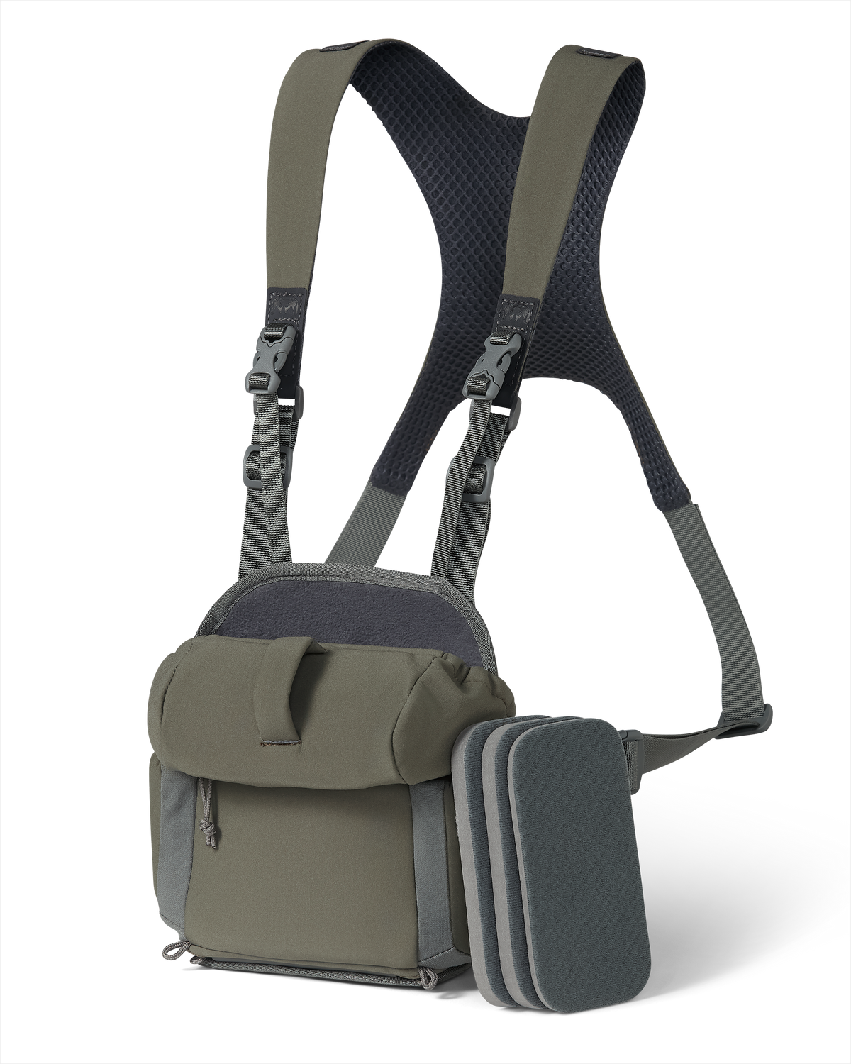 Front of PRO G3 Bino Harness in Ash Brown with internal bino height adjustment foam shims