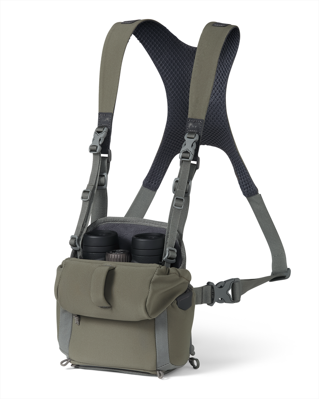 Front of PRO G3 Bino Harness in Ash Brown displaying binocular inside the main pouch and highlighting open forward folding lid