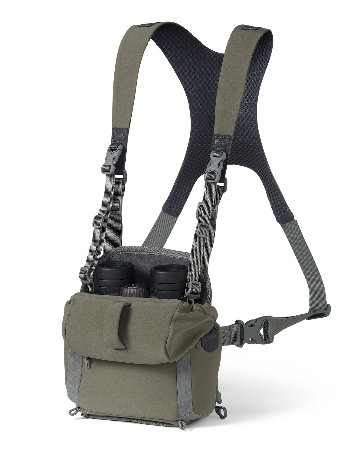 Front of PRO G3 Bino Harness in Ash Brown displaying binocular inside the main pouch and highlighting open forward folding lid