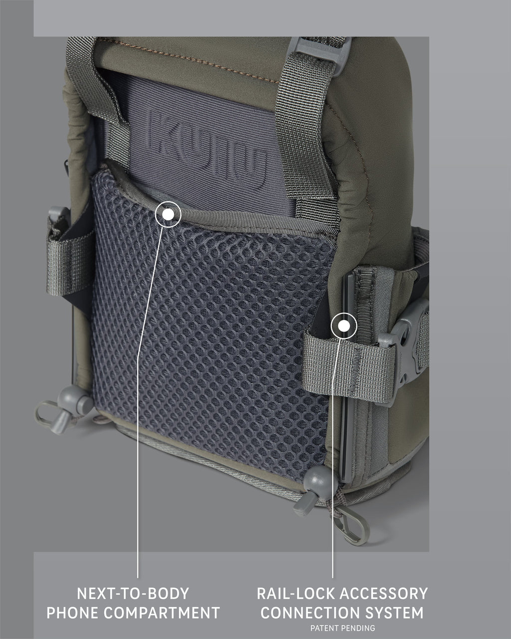Detail image of the next-to-body phone compartment and patent-pending rail lock accessory connection system