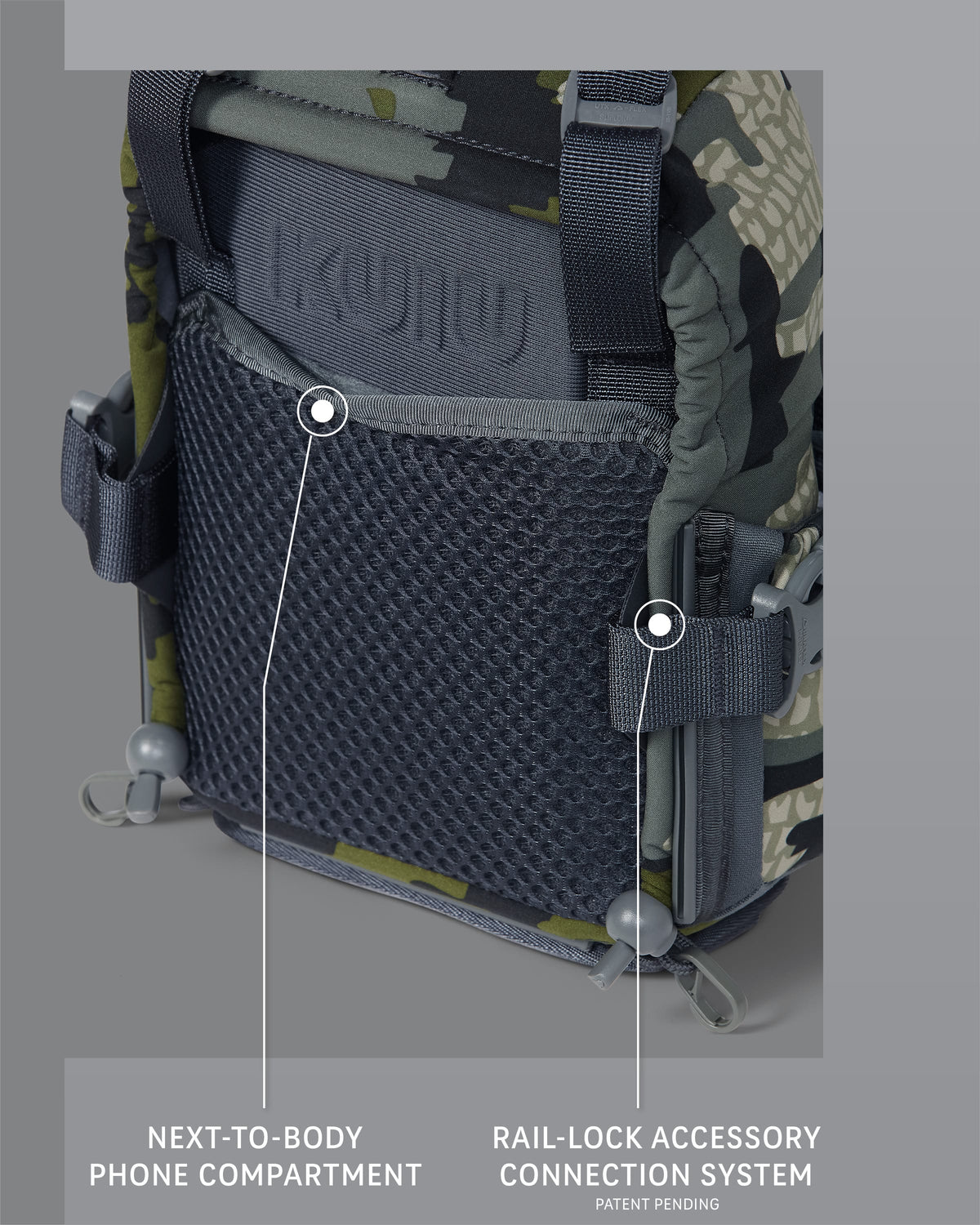 Detail image of the next-to-body phone compartment and patent-pending rail lock accessory connection system