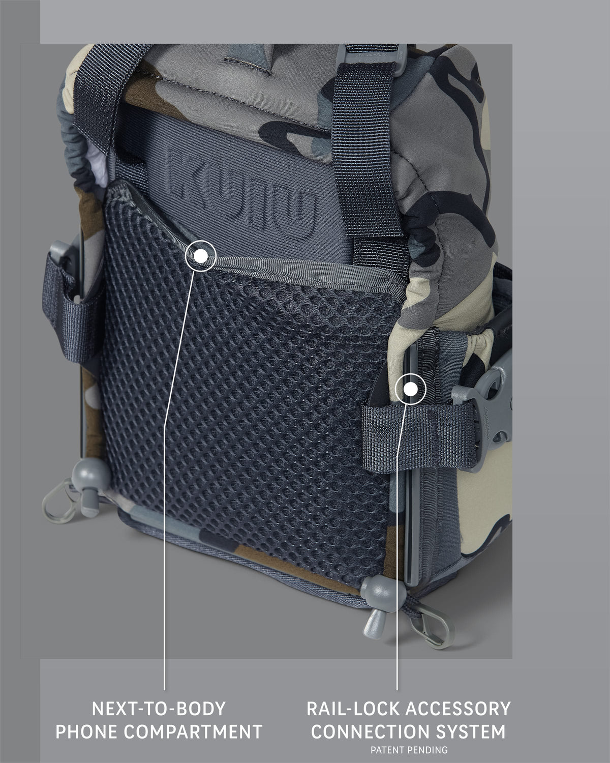 Detail image of the next-to-body phone compartment and patent-pending rail lock accessory connection system