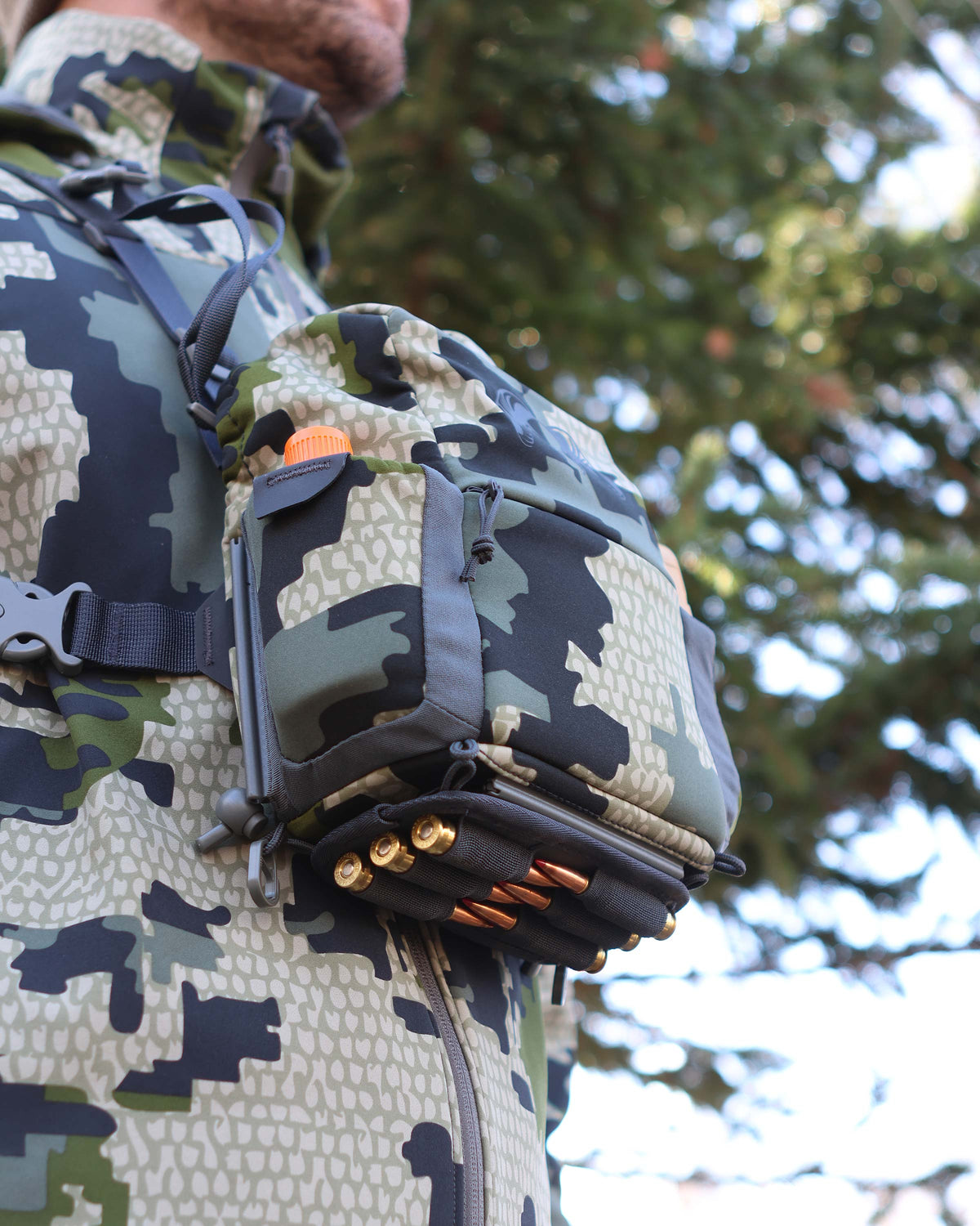Bottom of PRO G3 Bino Harness in Verde Camouflage, Highlighting bottom track system holder with ammo 
