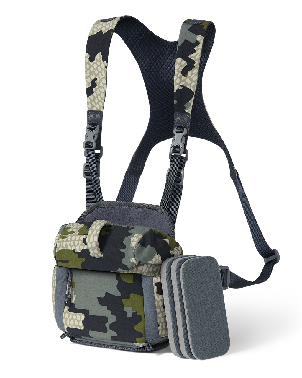 Front of PRO G3 Bino Harness in Verde Camouflage with internal bino height adjustment foam shims