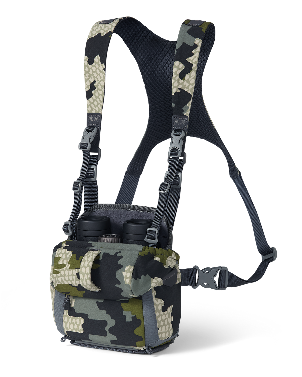 Front of PRO G3 Bino Harness in Verde Camouflage displaying binocular inside the main pouch and highlighting open forward folding lid