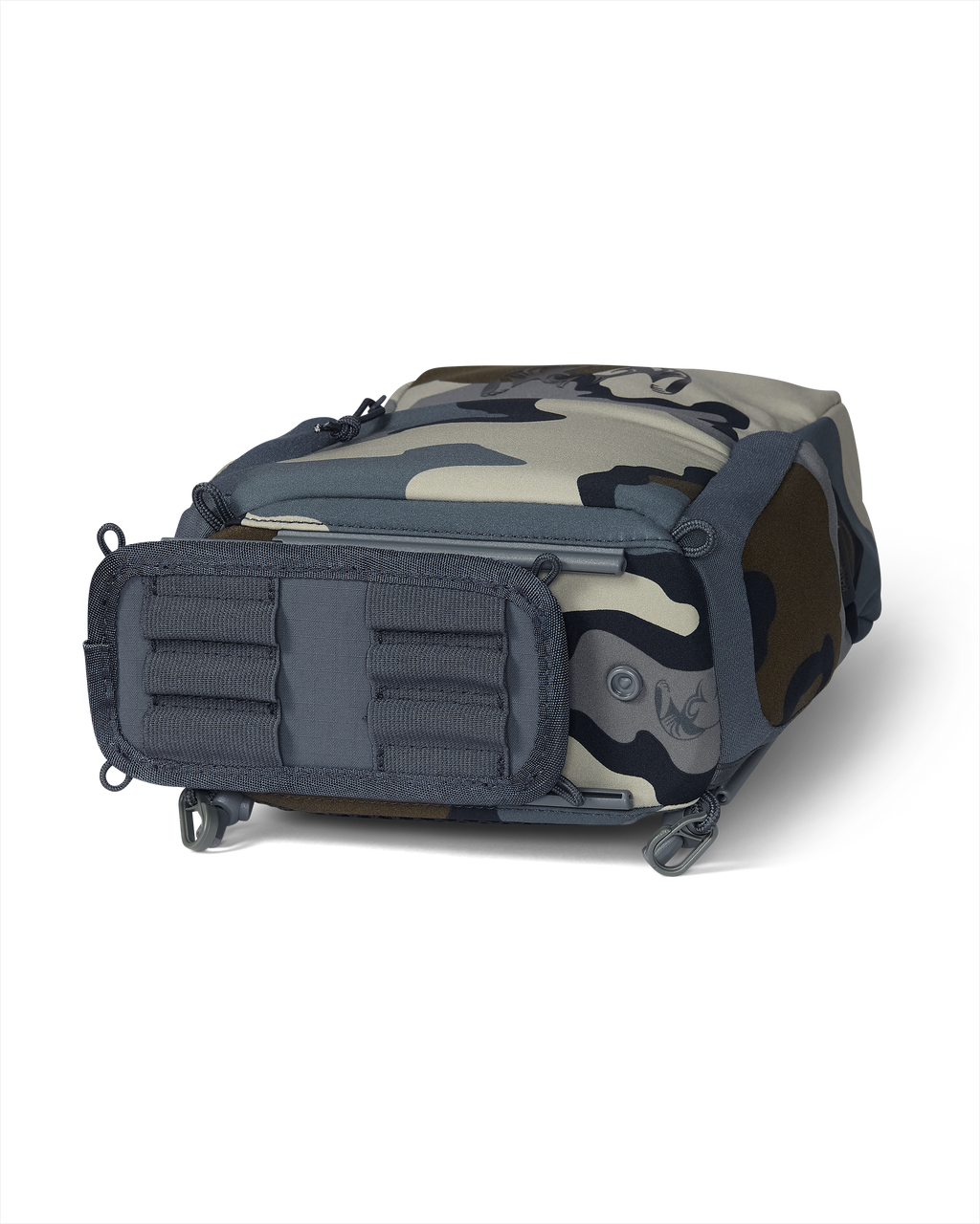 Bottom of PRO G3 Bino Harness in Vias Camouflage color, showcasing bottom track system for ammo holder accessory