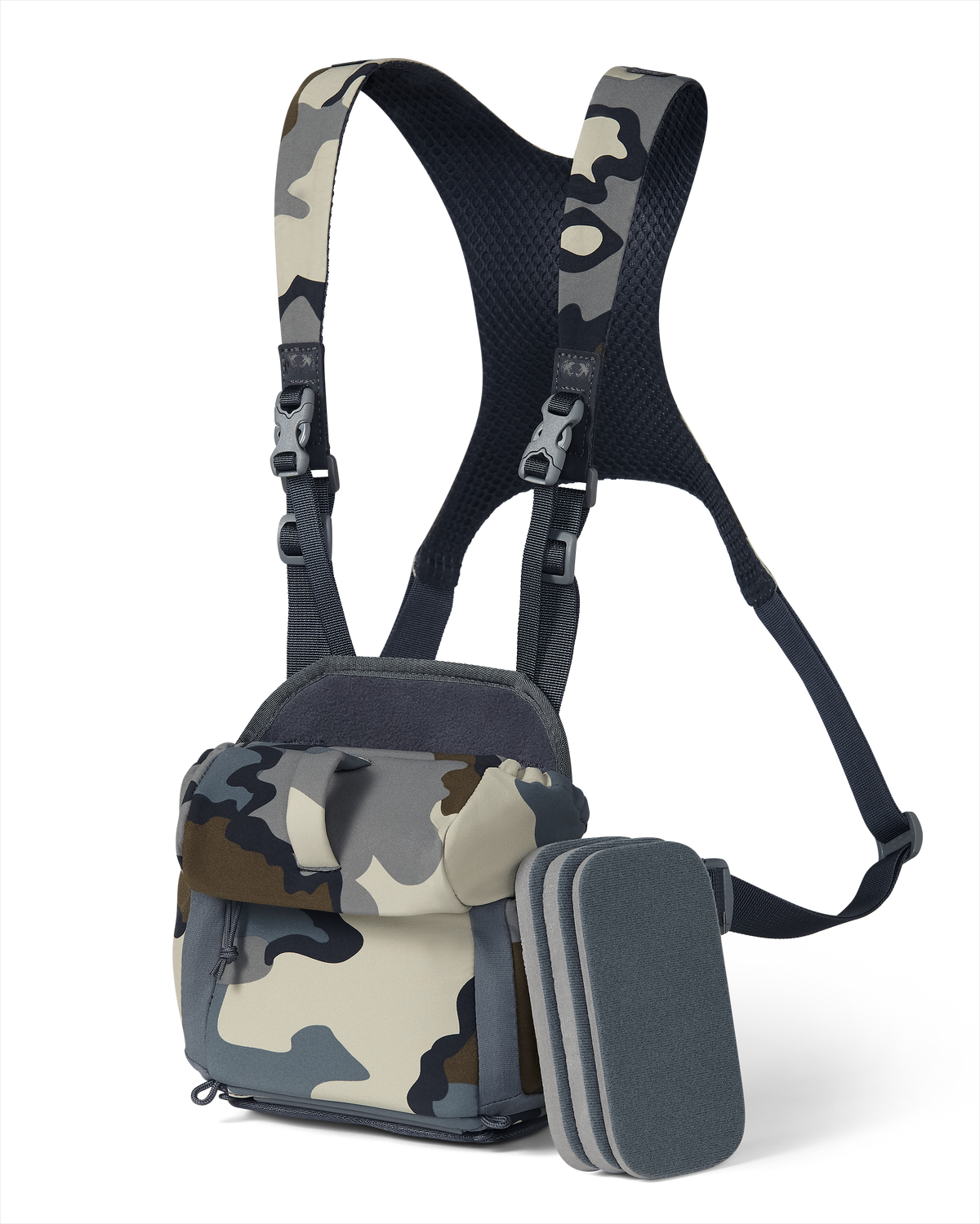 Front of PRO G3 Bino Harness in Vias Camouflage with internal bino height adjustment foam shims