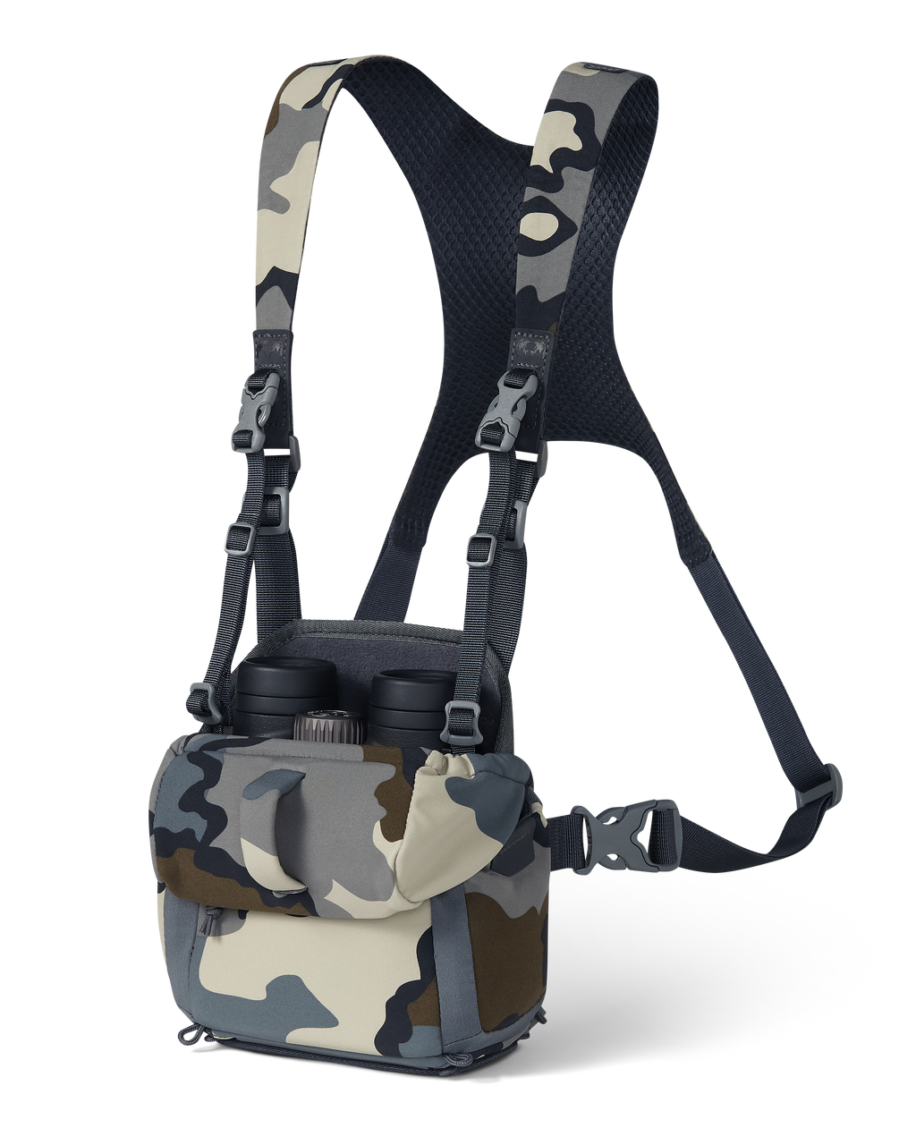 Front of PRO G3 Bino Harness in Vias Camouflage displaying binocular inside the main pouch and highlighting open forward folding lid