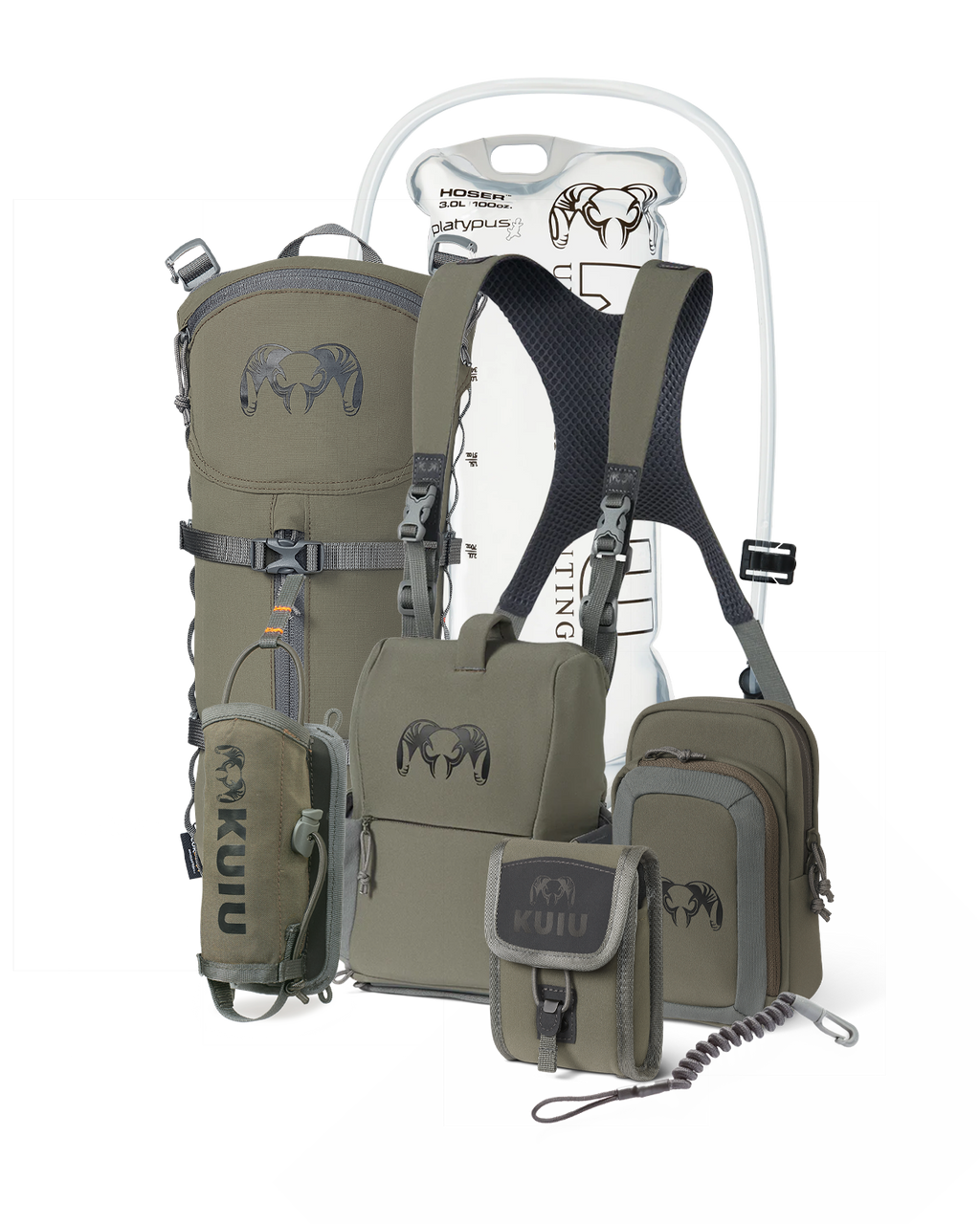 PRO G3 Bino Harness Field Ready Set in Ash, Includes: KUIU Platypus 3L Hoser, PRO G3 Bino Harness, PRO G3 Phone Holder, PRO G3 Bear Spray Holder, Rangefinder Lanyard, PRO G3 Rangefinder Holder, PRO G3 Hydration Rig